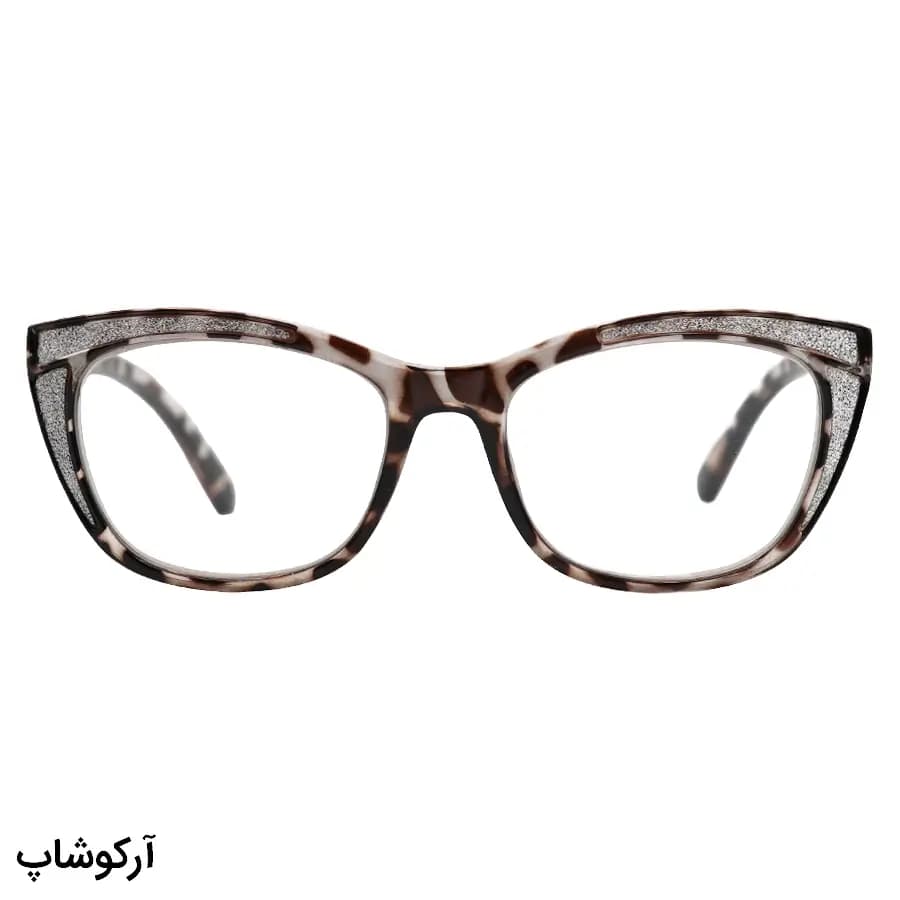 عینک مطالعه زنانه نزدیک بین نمره +3.00 با فریم قهوهای براق، شکل گربهای، شاین دار و دسته فنری مدل 2312 — تصویر ۲