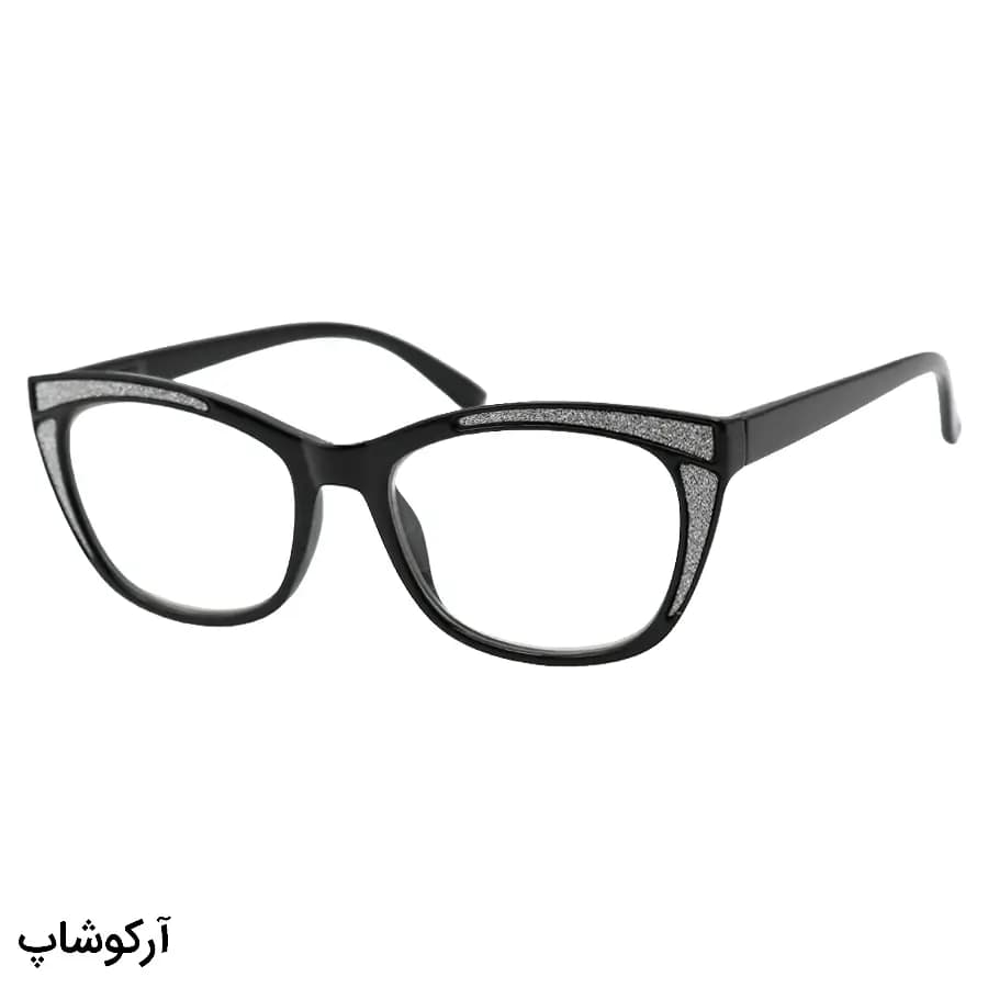 عینک مطالعه زنانه نزدیک بین نمره +1.00 با فریم مشکی براق، شکل گربهای، شاین دار و دسته فنری مدل 2312