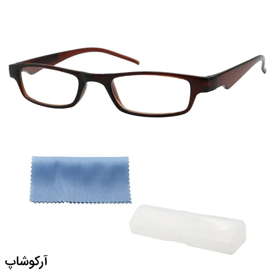 عینک مطالعه نمره +1.25 نزدیک بین با فریم قهوهای براق و مستطیلی شکل (بههمراه قاب و دستمال) مدل TOP-25