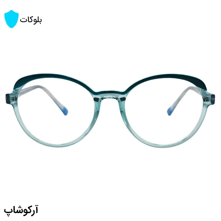عینک زنانه با فریم سبز دو رنگ، شگل گرد و دایرهای، دسته سیمدار و لنز بلوکات و UV400 مدل 8329 — تصویر ۳