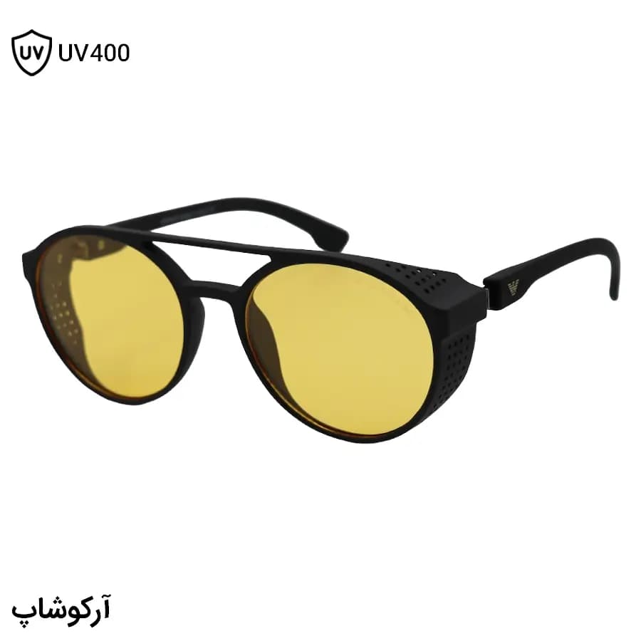 عینک دید در شب Emporio Armani با رنگ فریم مشکی مات، بغلدار، شکل گرد و لنز زرد رنگ مدل 1807