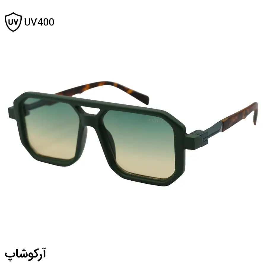 عینک آفتابی فندی با فریم سبز مات، شکل مربعی، دسته رنگ هاوانا دو پل بینی و لنز دو رنگ سایه روشن مدل M6125