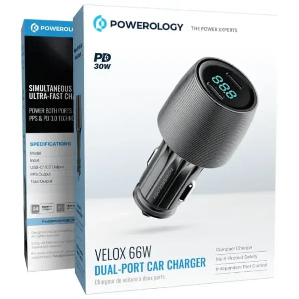 شارژر فندکی دو پورت 66 وات پاورولوژی مدل Powerology Velox 66W Dual-Port Car Charger — تصویر ۶