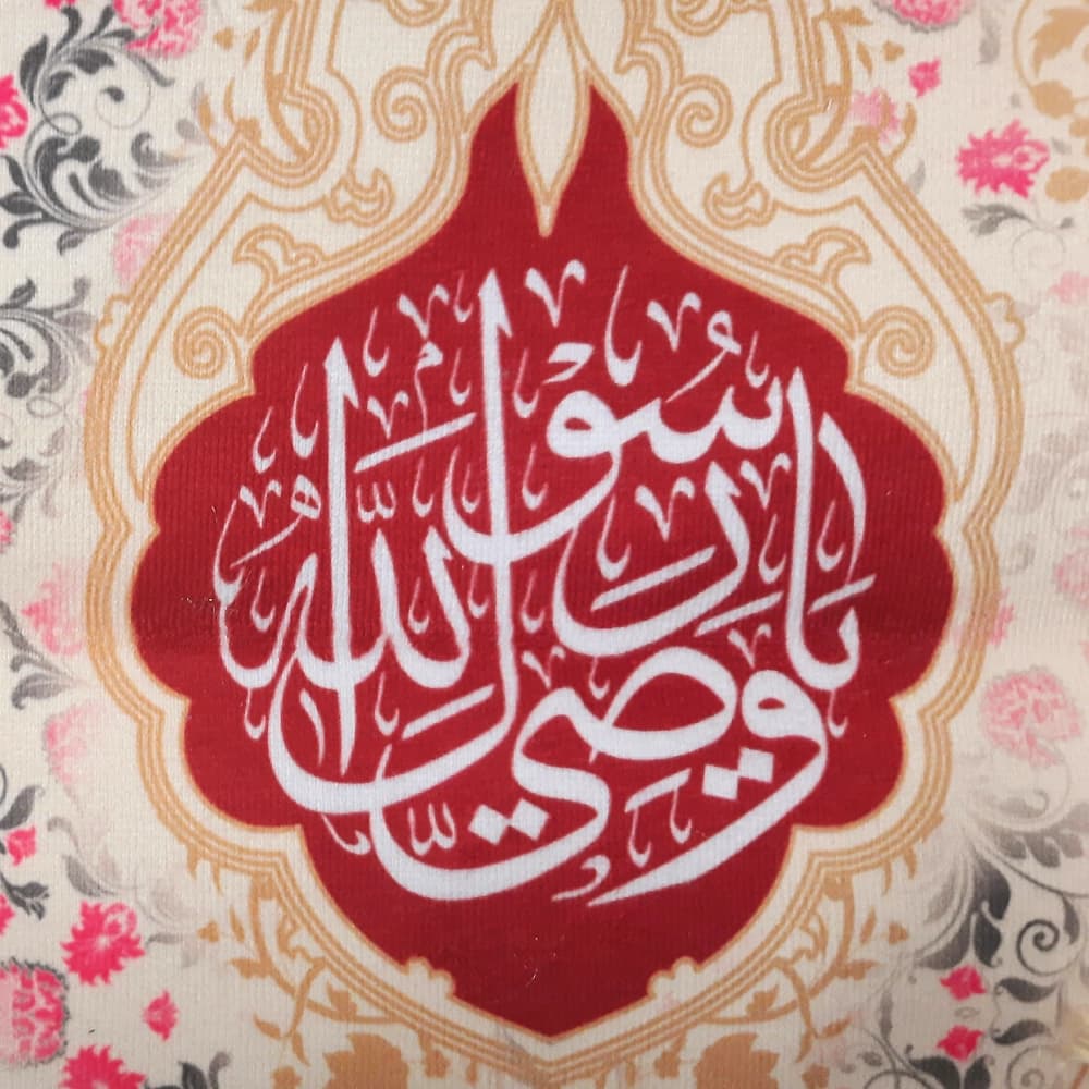 کتیبه مخمل یا علی بن ابی طالب اللهم عجل لولیک الفرج یا وصی رسول الله زمینه کرم — تصویر ۳