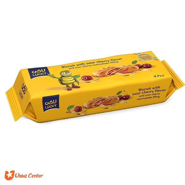 بیسکوئیت لاکی با طعم آلبالو با مغز مارمالاد آلبالو 132 گرم