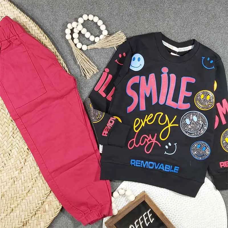 بلوز شلوار دخترانه طرح SMILE جنس پنبه سوپر و کتان کد 9065 — تصویر ۵