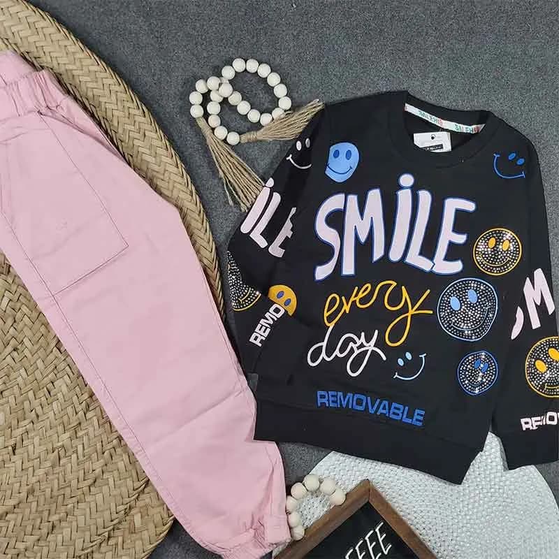 بلوز شلوار دخترانه طرح SMILE جنس پنبه سوپر و کتان کد 9065 — تصویر ۴