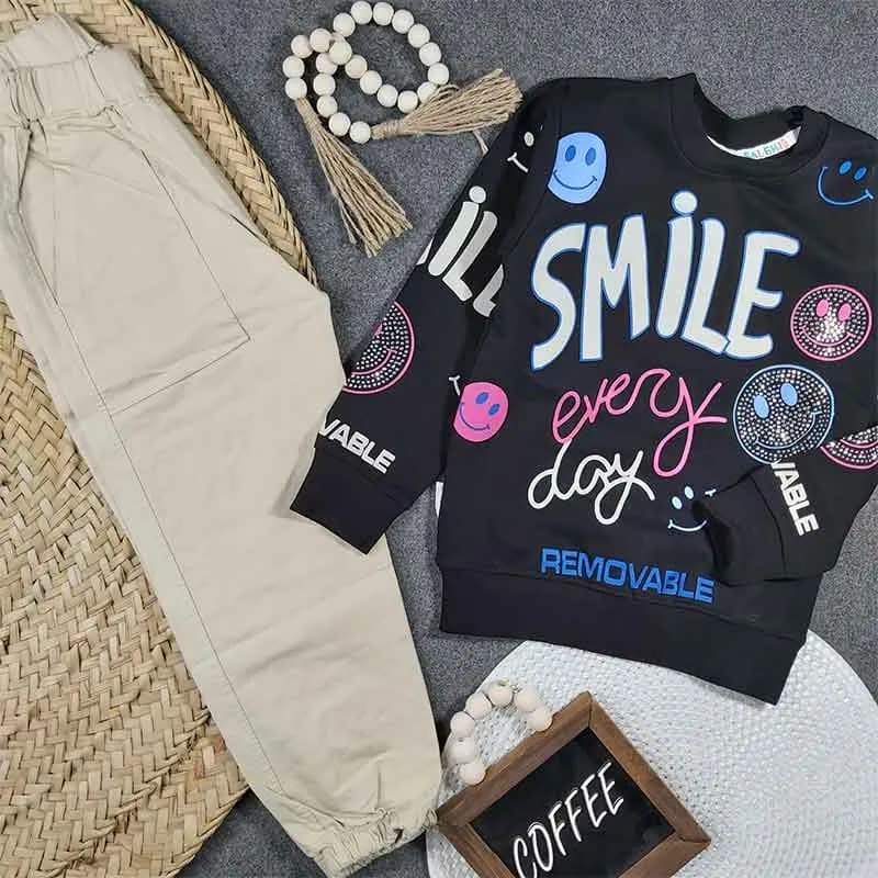 بلوز شلوار دخترانه طرح SMILE جنس پنبه سوپر و کتان کد 9065 — تصویر ۶