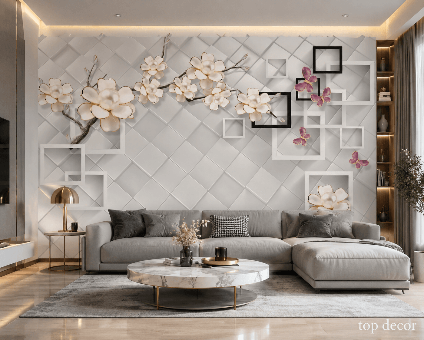 پوستر دیواری سهبعدی طرح گلهای مرواریدی و هندسی — تصویر ۲
