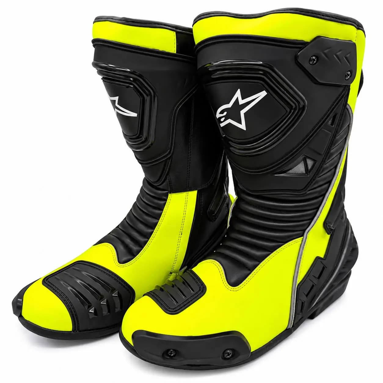 بوت موتورسواری ریسی Alpinestars چرم طبیعی فول پروتکشن مشکی زرد فسفری — تصویر ۵