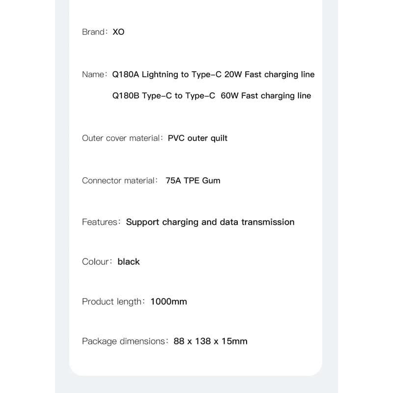 کابل دو سر تایپ سی فست شارژ 60 وات ایکس او XO-NB-Q180B طول 1 متر — تصویر ۸