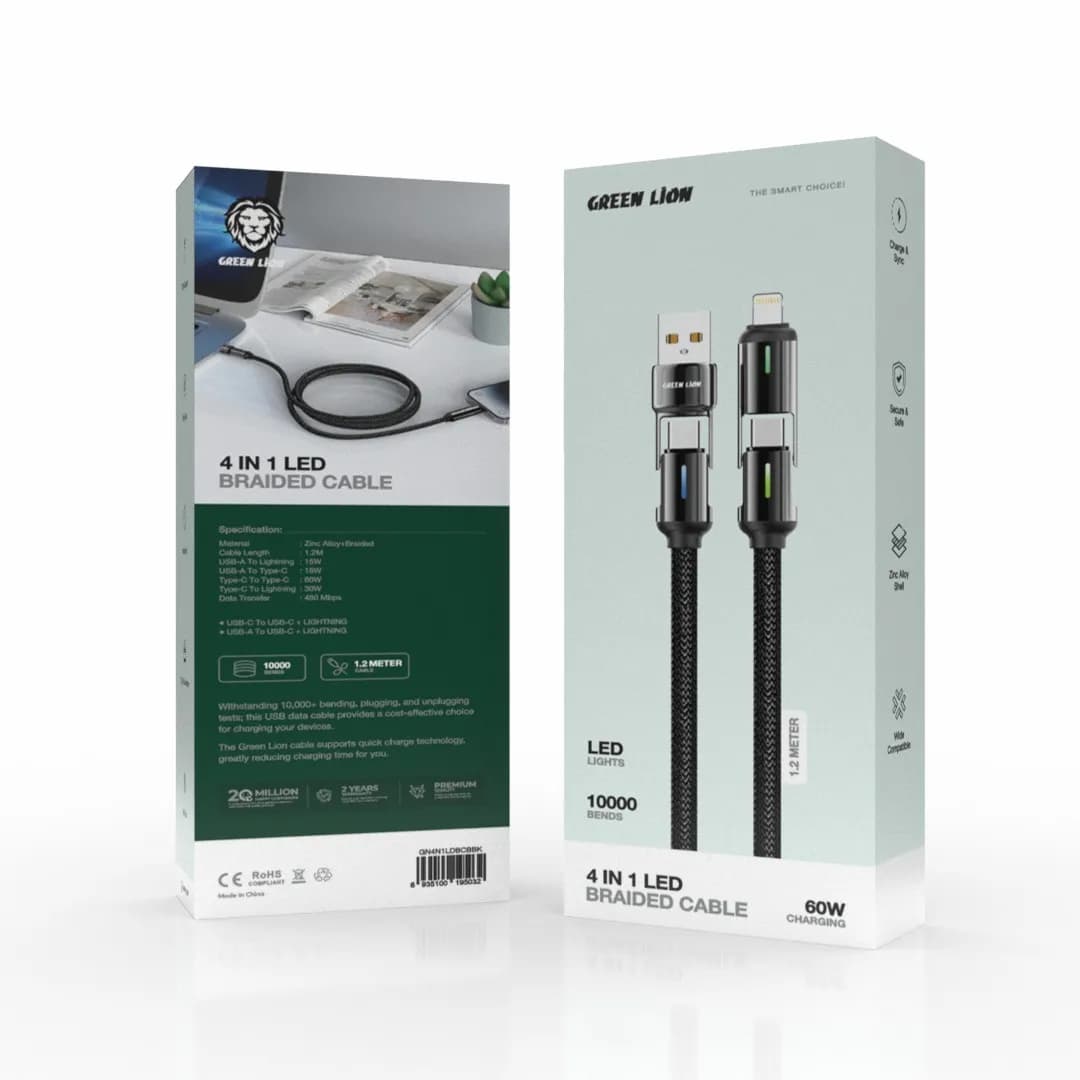 کابل چهار کاره 60 وات گرین لاین مدل 4in1 LED با شارژ سریع و LED داخلی