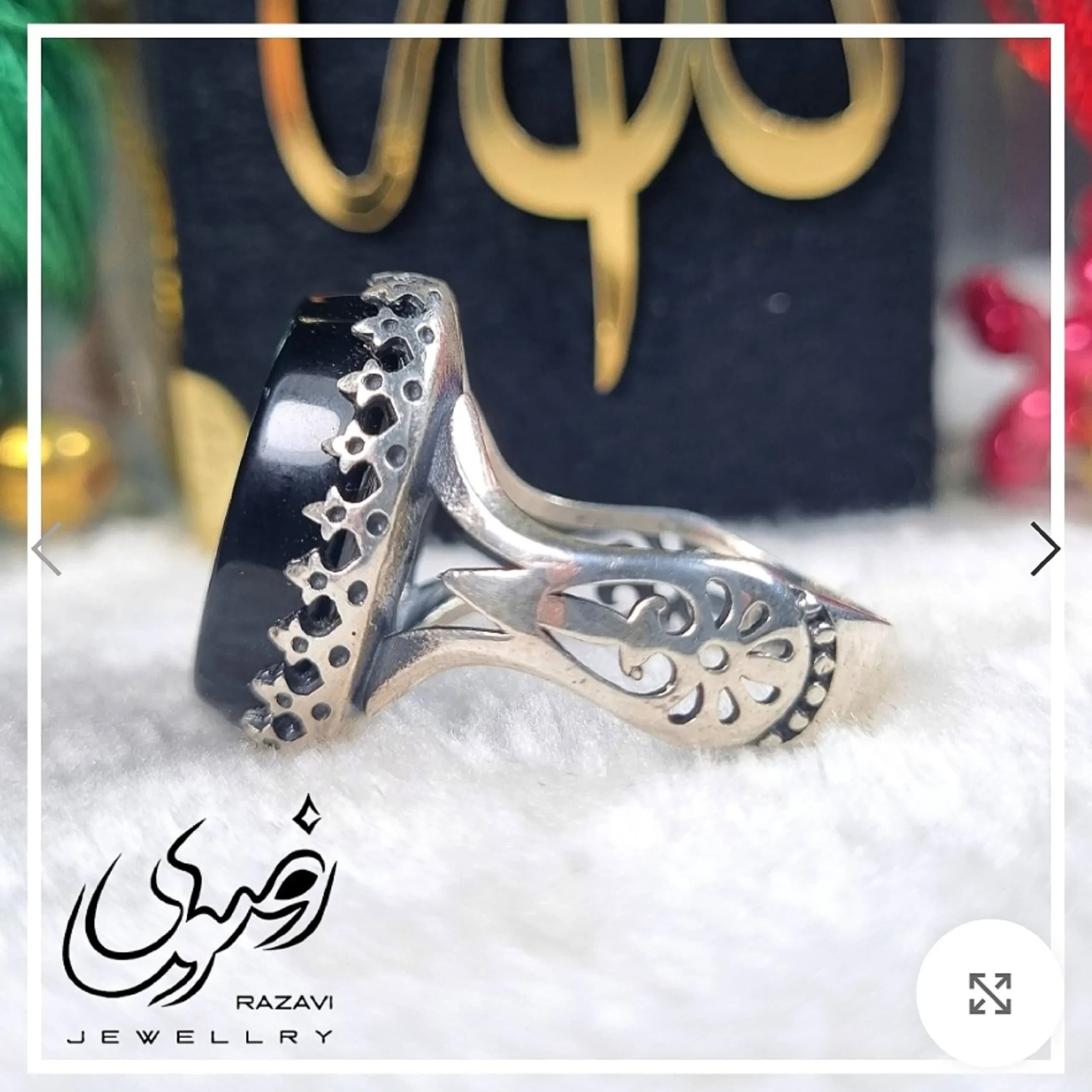 انگشتر مردانه عقیق مشکی با حکاکی دست استاد فتح و رکاب آلیاژ نقره روس — تصویر ۹