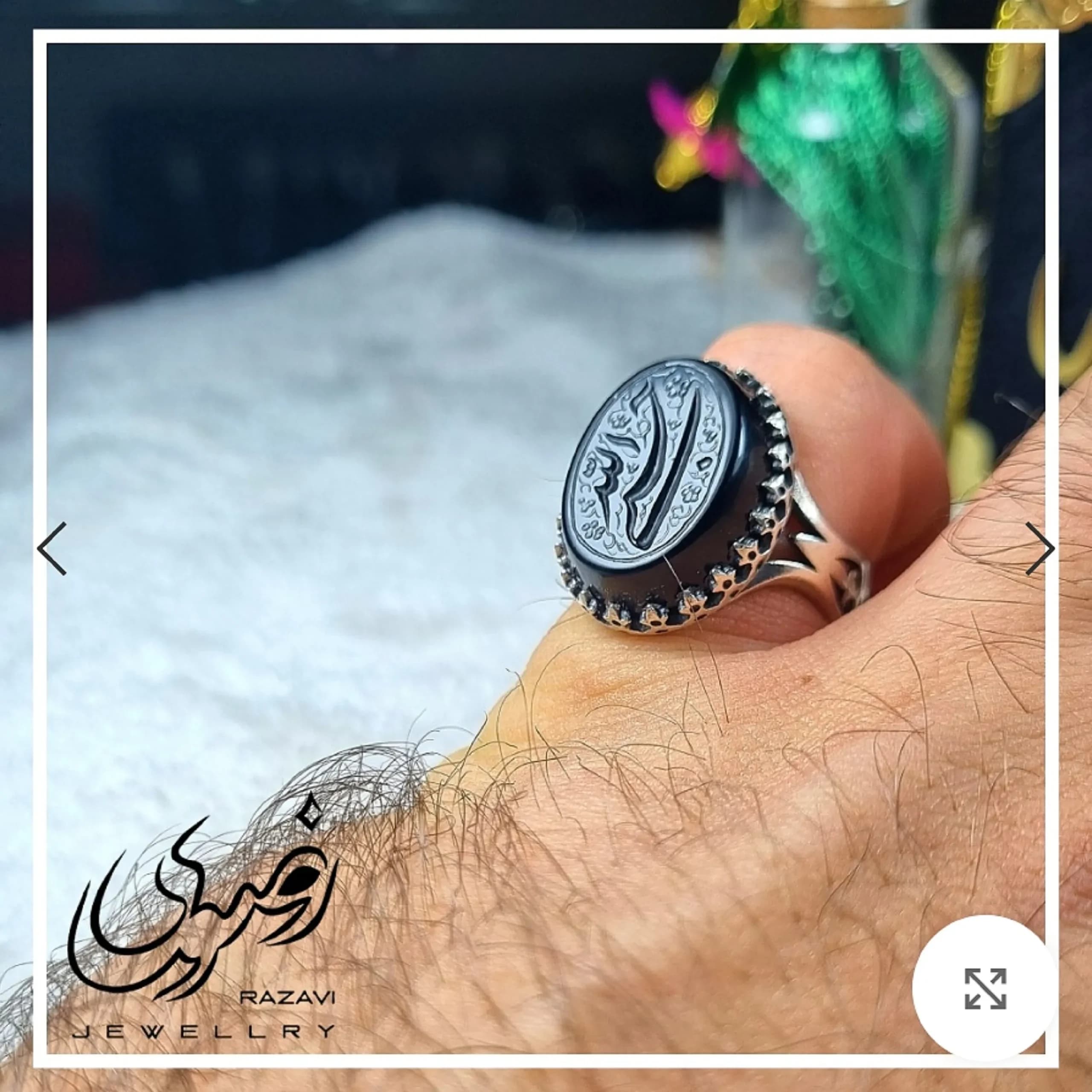 انگشتر مردانه عقیق مشکی با حکاکی دست استاد فتح و رکاب آلیاژ نقره روس — تصویر ۲