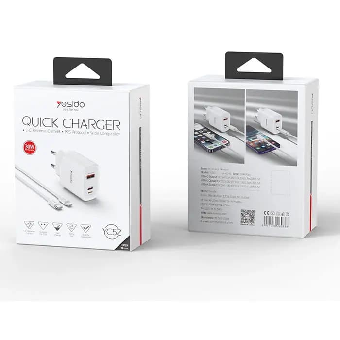 شارژر دیواری فست شارژ Yesido YC52 3Port 3A 30W + کابل آیفونی — تصویر ۴