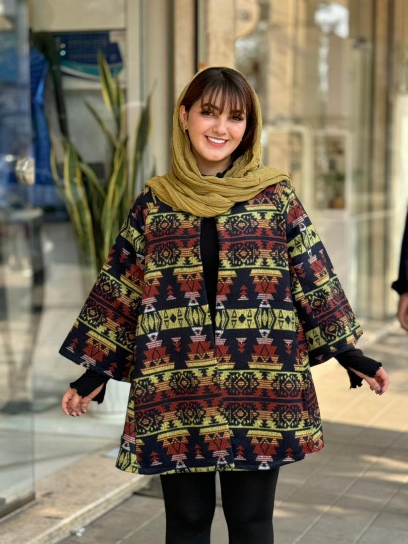 پالتو عروسکی طرحدار سورمه ای آجری خردلی — تصویر ۳