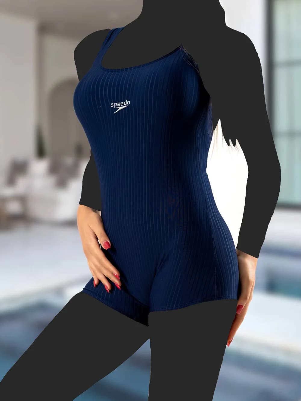 مایو زنانه پادار طرح راه راه کلاسیک شیک و جذاب بصورت کاپدار سرمه ای رنگ اسپیدو ( Speedo ) — تصویر ۳