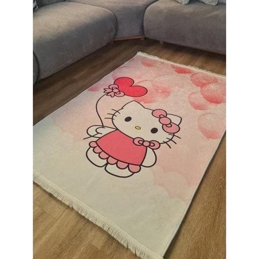 فرش ماشینی چاپی | فرشینه کودک دخترانه صورتی طرح گربه کد C169 (پس کرایه)