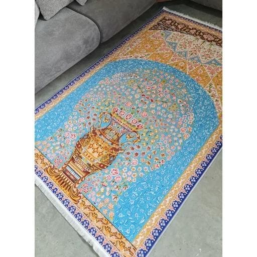 فرش ماشینی چاپی | فرشینه هازان ترک طرح گلدان آبی فیروزه ای کد A019