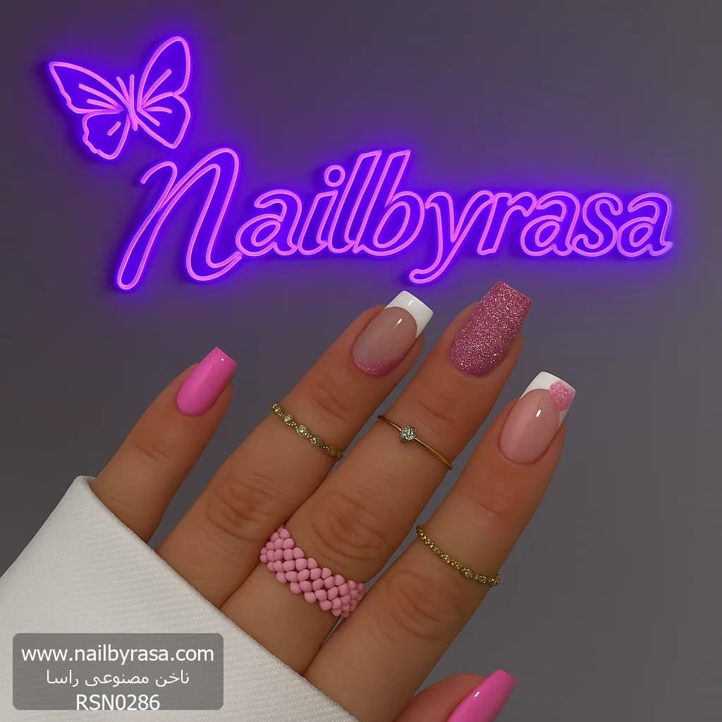 ناخن مصنوعی طرح فرنچ و گل بابونه رنگ صورتی دیسکو راسا – RSN0286 — تصویر ۳