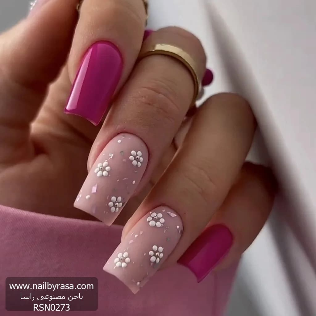 ناخن مصنوعی مدل گل بابونه برجسته رنگ سرخابی هلویی راسا – RSN0273