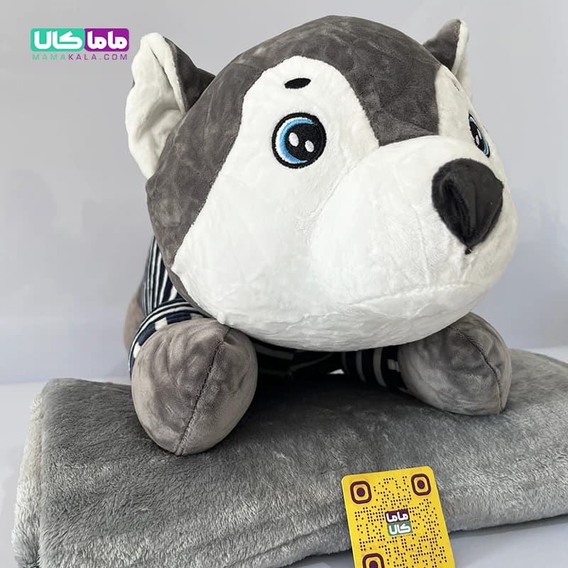 عروسک سگ هاسگی طوسی پتودار 60 سانتیمتر — تصویر ۳