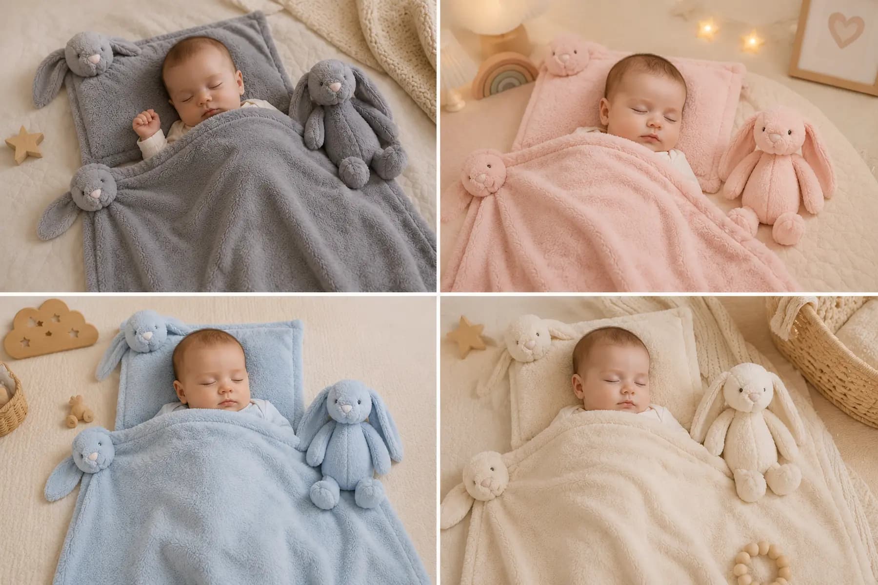 ست پتو و بالشت نوزاد طرح خرگوش Jellycat به همراه عروسک | سایز پتو 80×80 و بالش 27×38 | مناسب سیسمونی و هدیه نوزاد — تصویر ۷