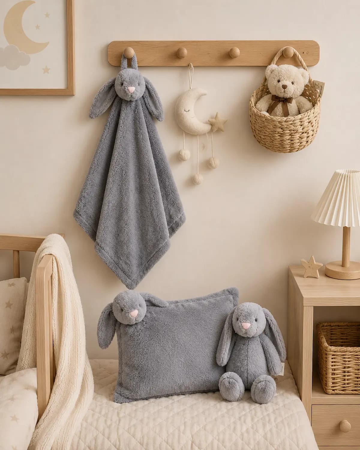 ست پتو و بالشت نوزاد طرح خرگوش Jellycat به همراه عروسک | سایز پتو 80×80 و بالش 27×38 | مناسب سیسمونی و هدیه نوزاد — تصویر ۲