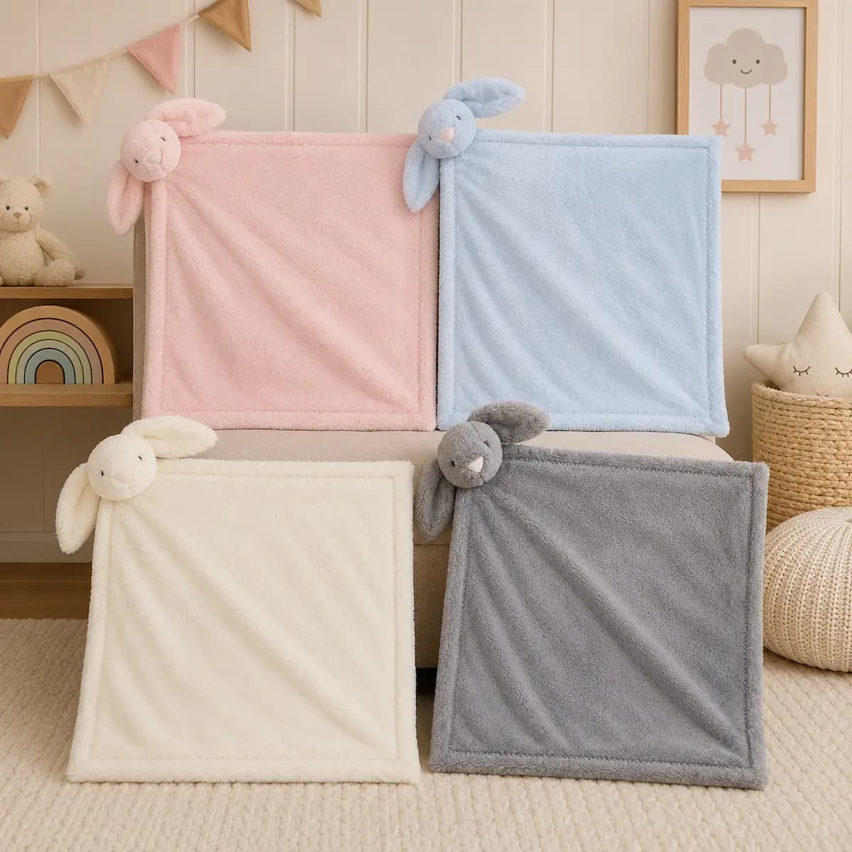ست پتو و بالشت نوزاد طرح خرگوش Jellycat به همراه عروسک | سایز پتو 80×80 و بالش 27×38 | مناسب سیسمونی و هدیه نوزاد — تصویر ۸
