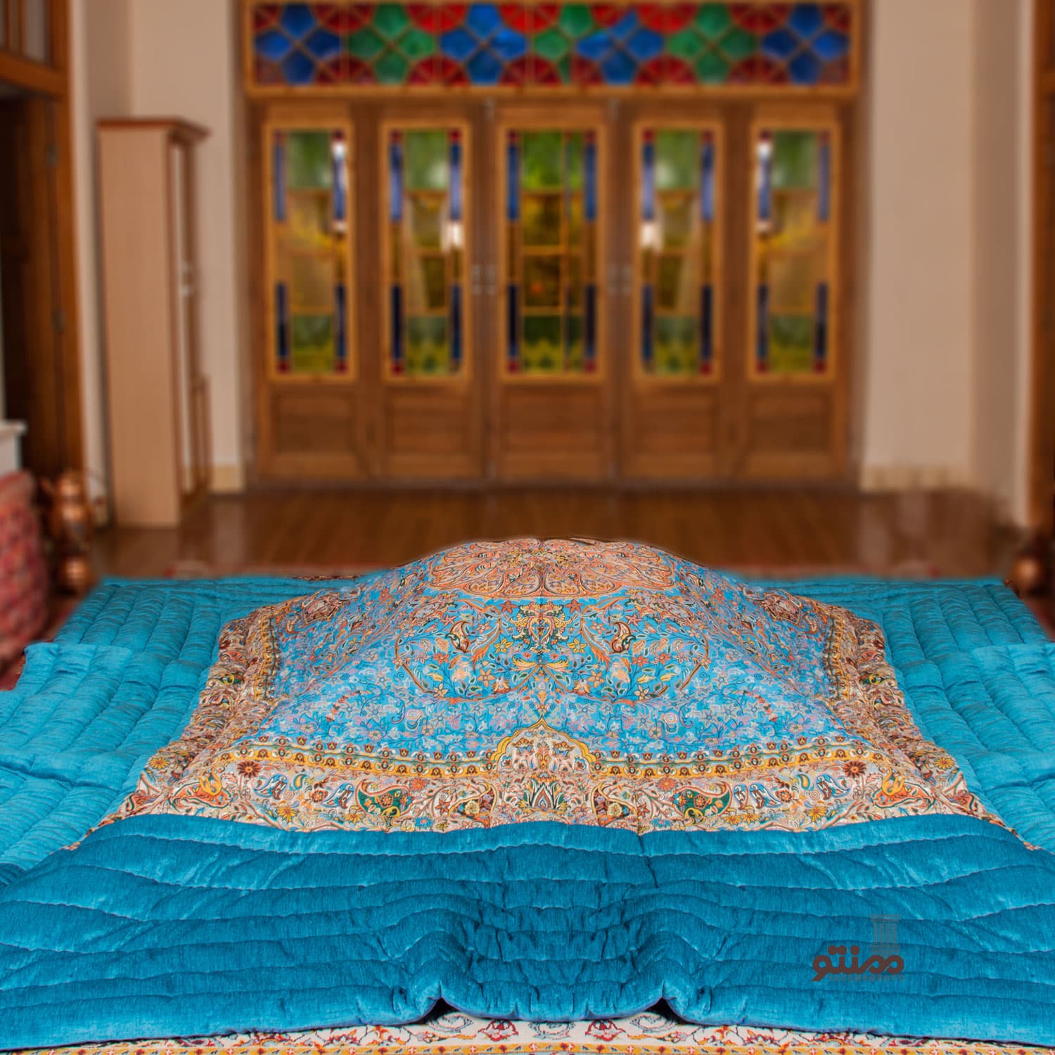 لحاف کرسی دست دوز ترمه طرح افشار رنگ آبی