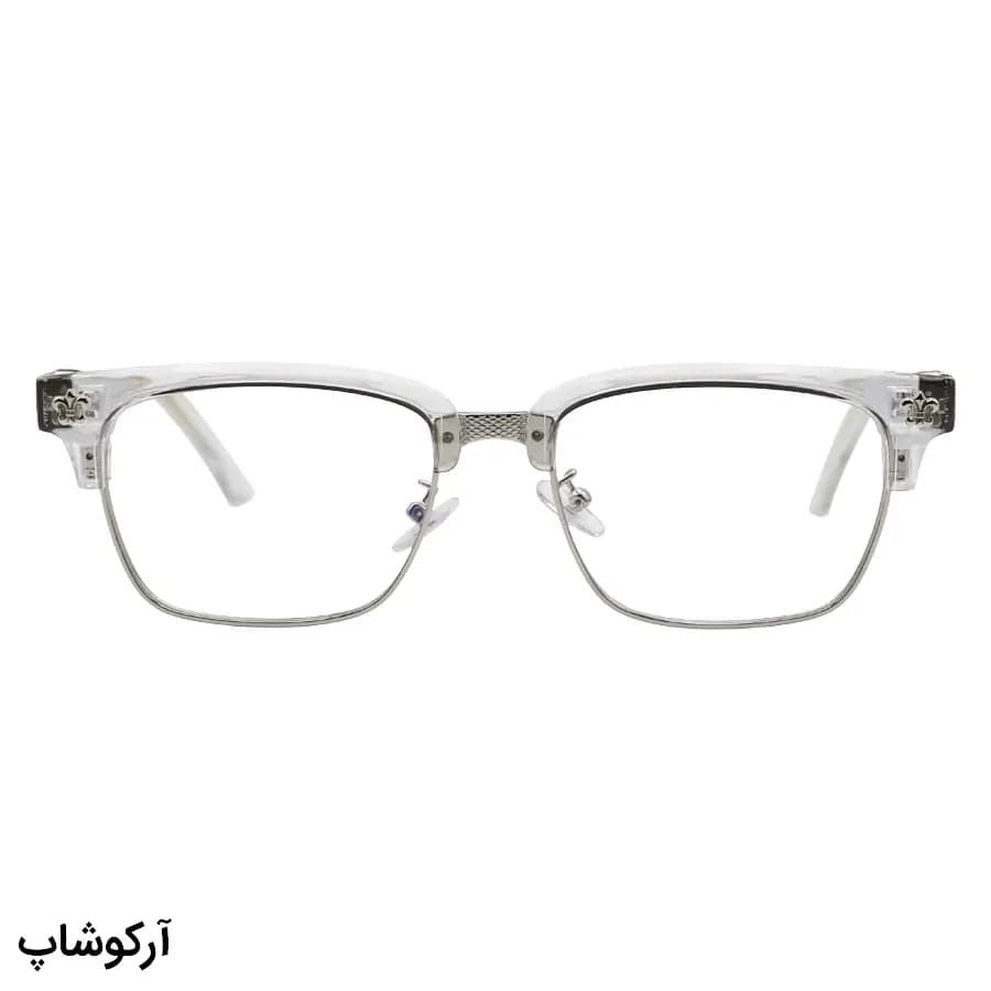 عینک برند کروم هارتز با فریم کلاب مستر، رنگ شفاف و نقرهای، دسته سیمدار و لنز بلوکات مدل 8010 — تصویر ۳