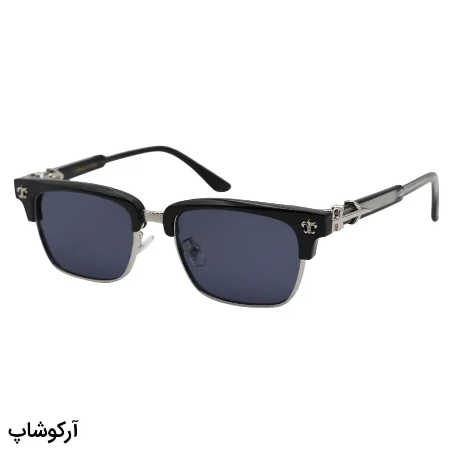 عینک آفتابی Chrome Hearts با فریم کلاب مستر، رنگ مشکی و نقرهای، دسته سیمدار و لنز دودی تیره مدل 8010