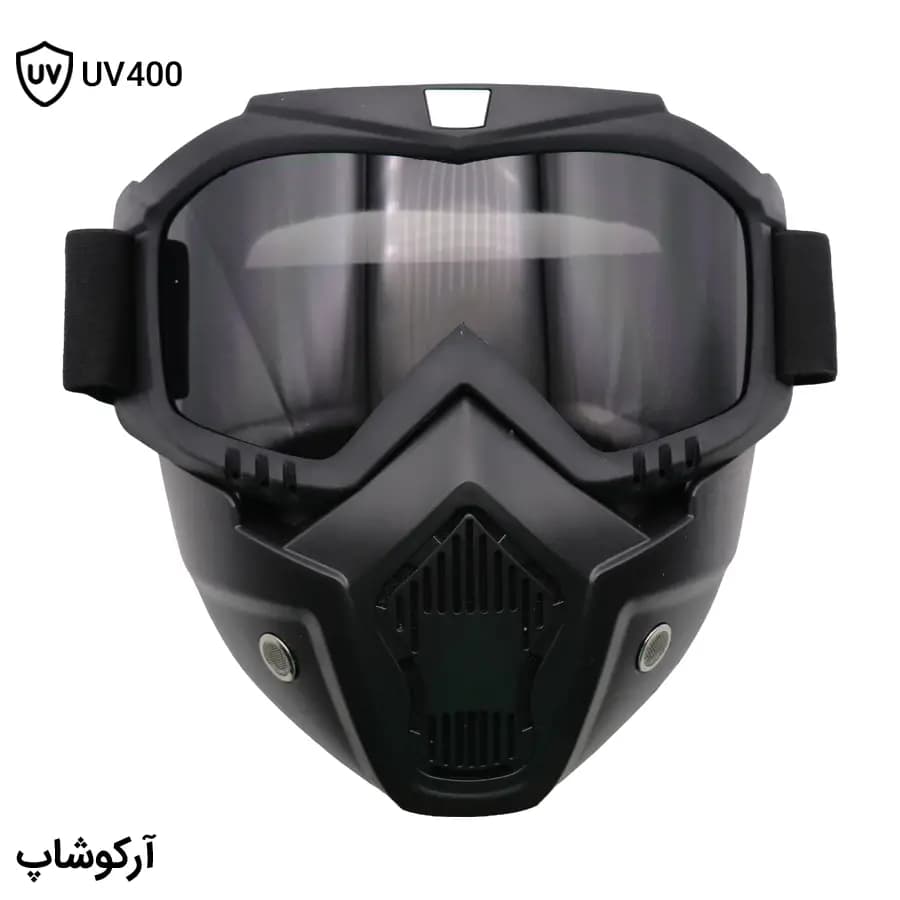 عینک موتور سواری با لنز دودی، فریم مشکی رنگ، بند کشی و تمام فیس (طرح نقاب) مدل 993055
