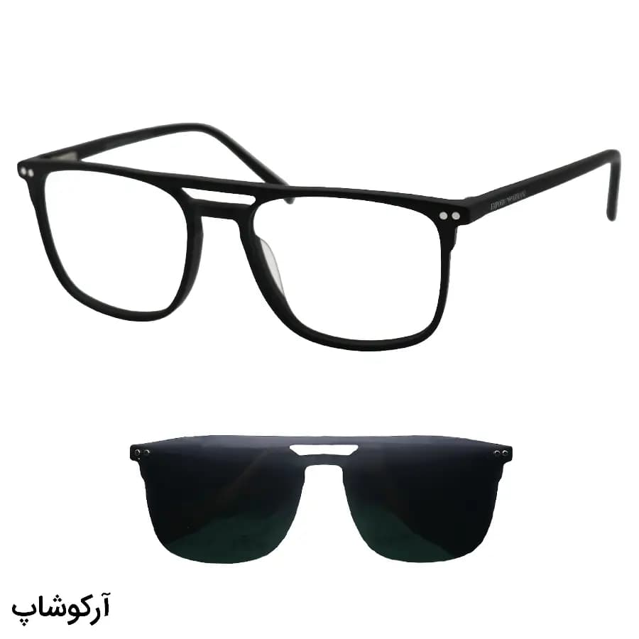 عینک طبی تک کاوره EMPORIO ARMANI با فریم رنگ مشکی مات، شکل خلبانی و کاور دودی تیره و پلاریزه مدل OLD024A