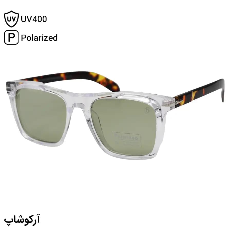 عینک آفتابی دیوید بکهام با فریم بیرنگ (شفاف)، شکل مربعی، دسته هاوانا و لنز سبز رنگ و پلاریزه مدل P7002