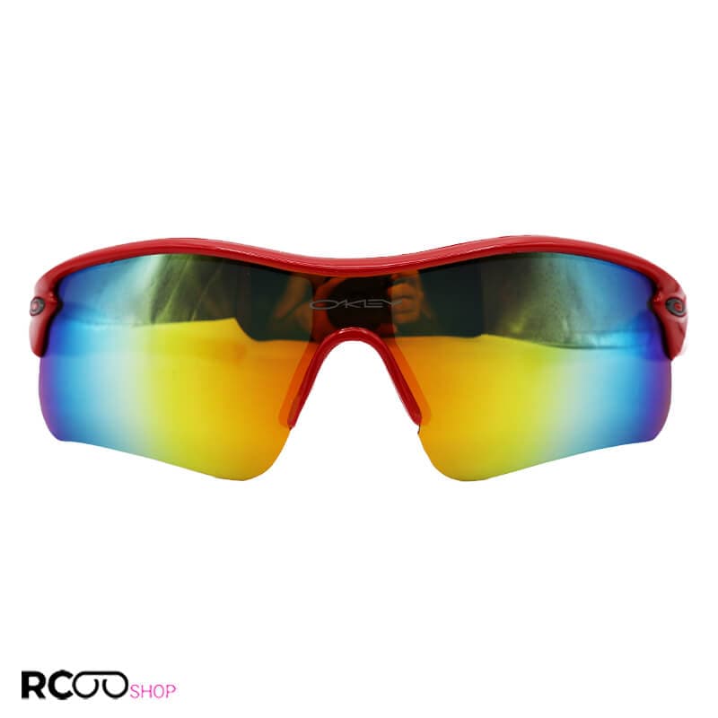 عینک ورزشی اوکلی OAKLEY نیم فریم و قرمز با عدسی آینه ای چند رنگ مدل 9164