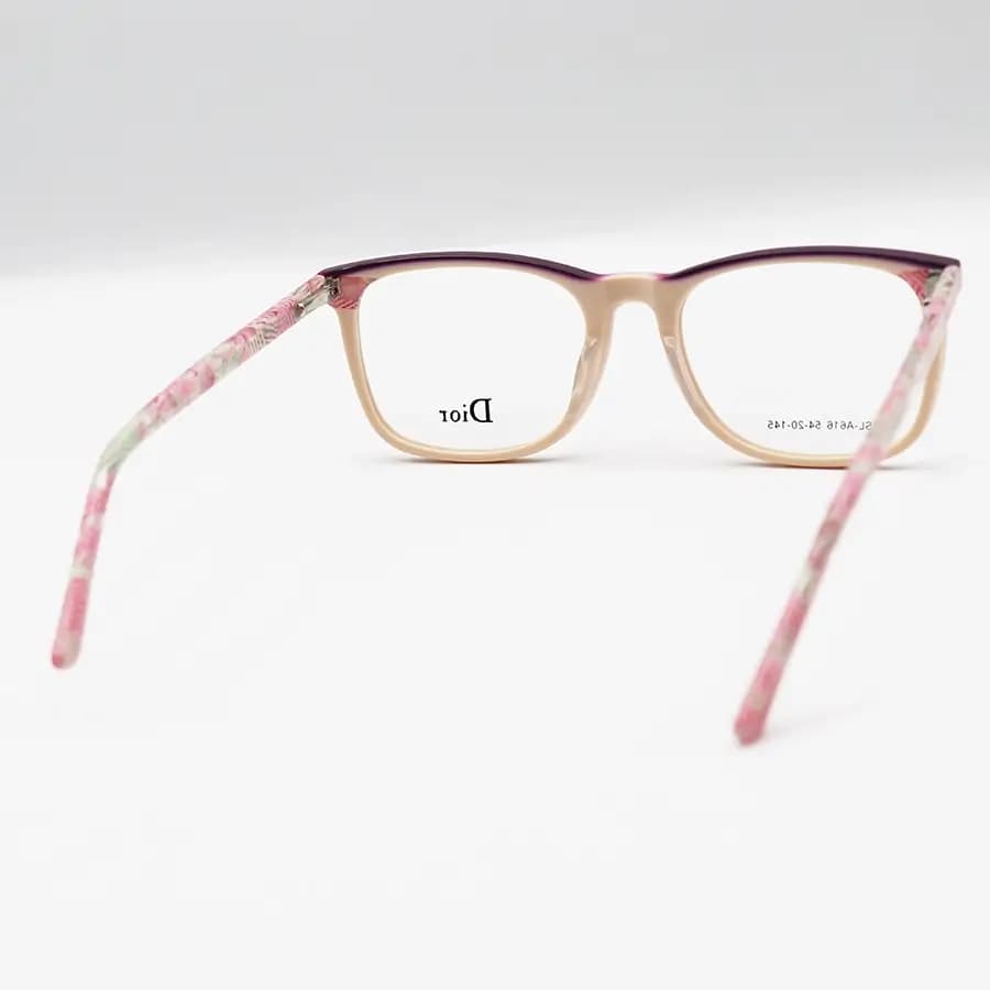 عینک طبی زنانه Dior با فریم رنگ کرمی، شکل مربعی، از جنس استات و دسته چندرنگ و سیمدار و لولا فنری مدل SL-A616 — تصویر ۳