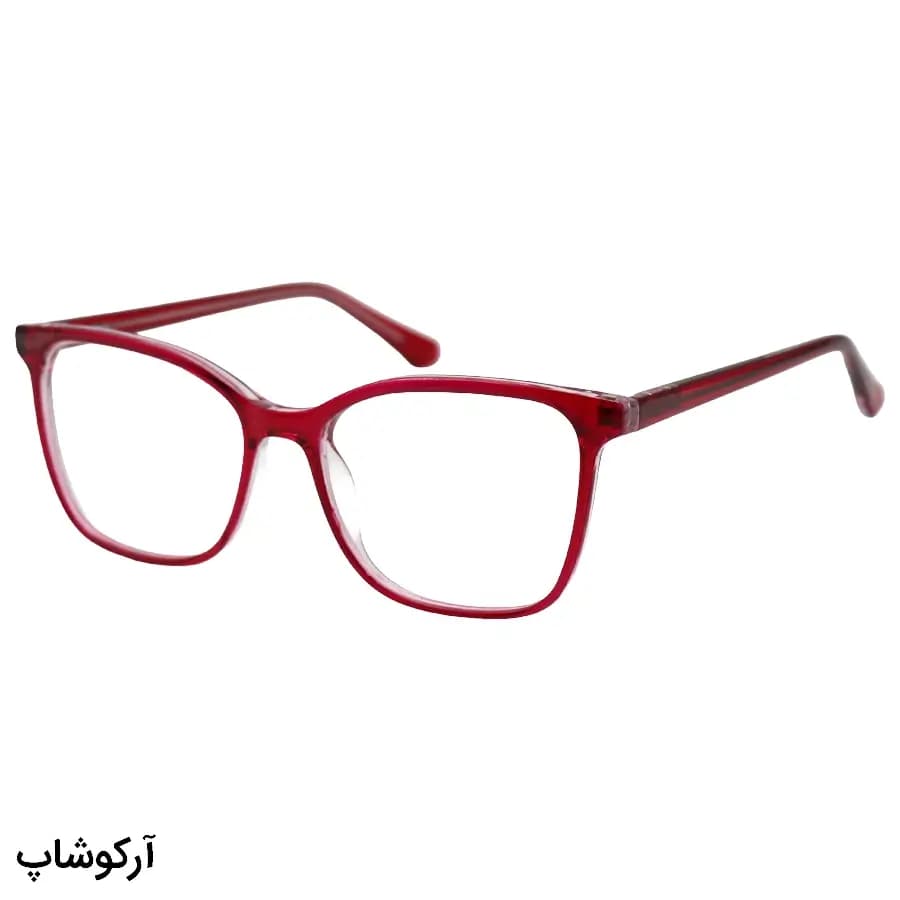 فریم عینک طبی با فریم رنگ قرمز، شکل مربعی، از جنس استات، دسته سیمدار و لولا فنردار مدل ISA3164