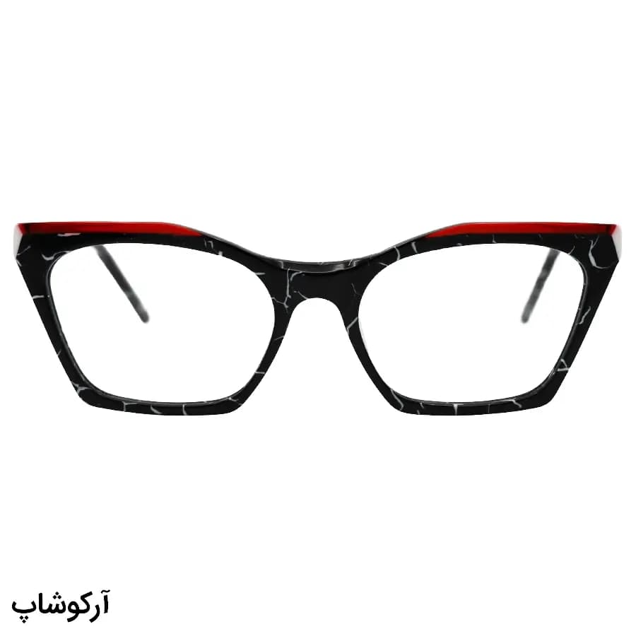 عینک طبی زنانه فندی با فریم رنگ مشکی و قرمز، شکل چشم گربهای، از جنس استات و دسته سیمدار و لولا فنردار مدل XL6028 — تصویر ۳