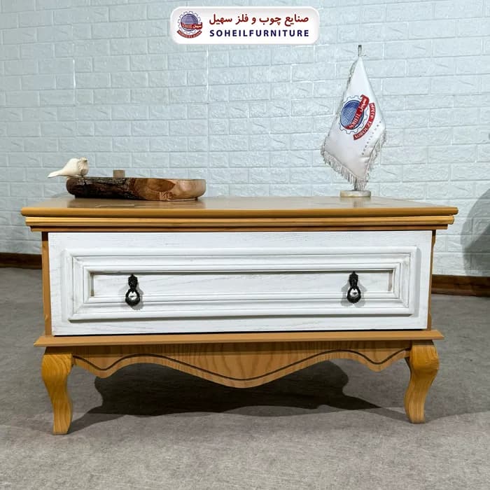 میز جلو مبلی نئو کلاسیک چوب و MDF مدل 139 سهیل (روکش طبیعی چوب بلوط) — تصویر ۳