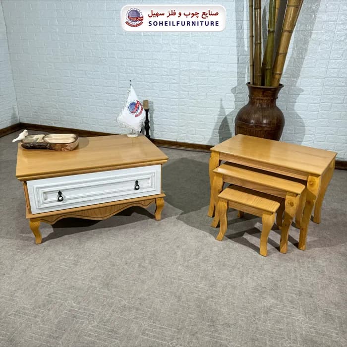 میز عسلی سه تکه نئو کلاسیک چوب و MDF مدل 139 سهیل (روکش طبیعی چوب بلوط) — تصویر ۲