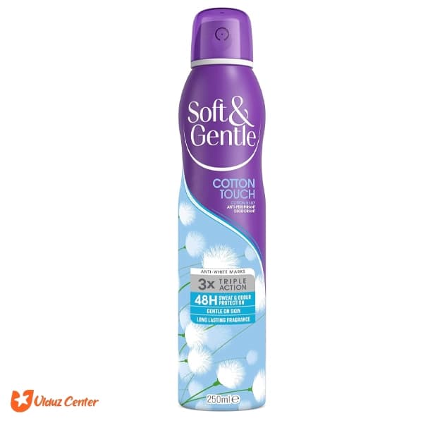 اسپری ضد تعریق زنانه Soft – Gentle رایحه پنبه و گل سوسن مدل Cotton Touch حجم 250 میل