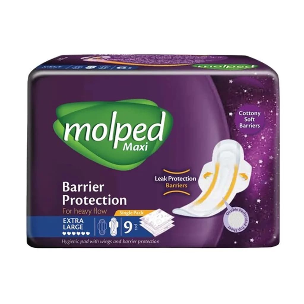 نوار بهداشتی مولپد Maxi Barrier بریر رویه مشبک 9تایی نیمه ضخیم ویژه مخصوص شب خیلی بزرگ Molpad
