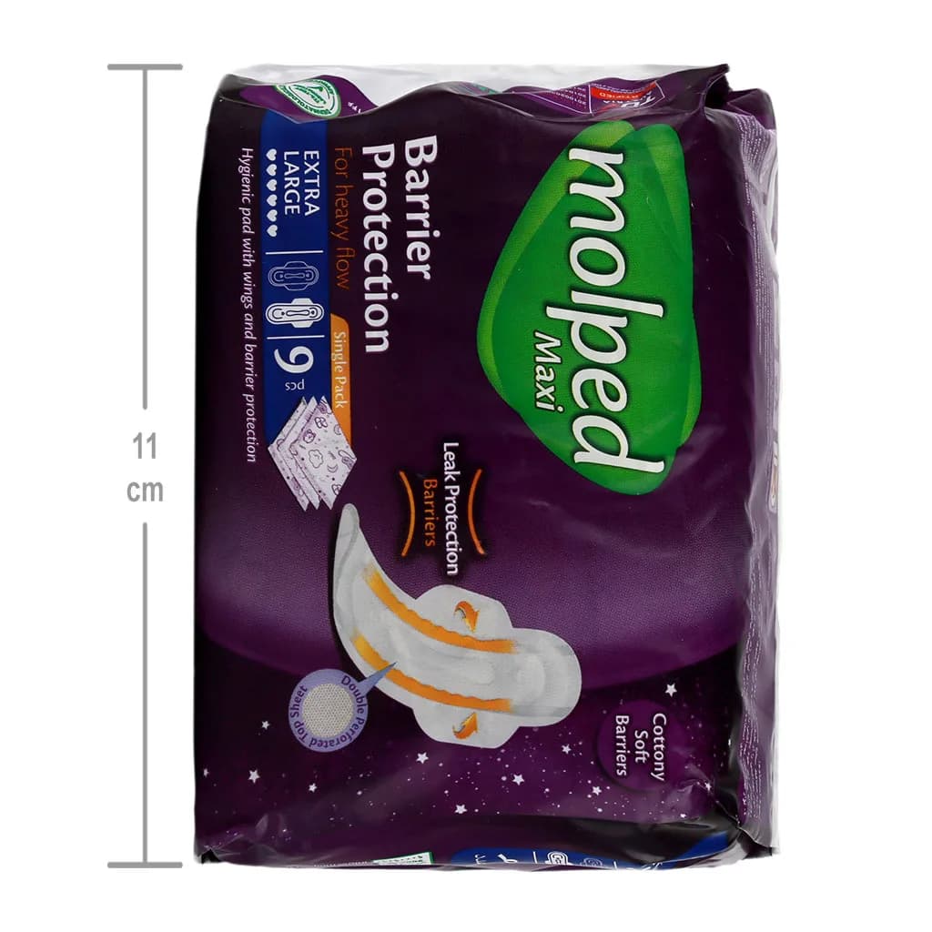 نوار بهداشتی مولپد Maxi Barrier بریر رویه مشبک 9تایی نیمه ضخیم ویژه مخصوص شب خیلی بزرگ Molpad — تصویر ۲