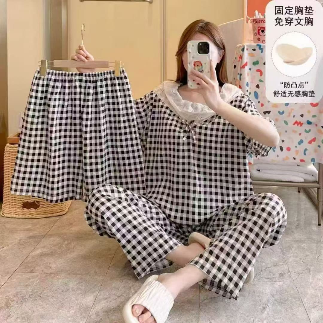 ست سه تیکه بلوز و شلوار و شورتک نخی دخترانه و زنانه کد 7483
