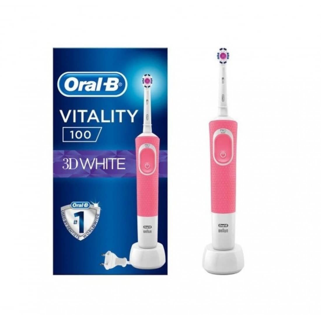 مسواک برقی اورال بی Oral-B مدل Vitality 100 رنگ صورتی با یدک 3D white سفید کننده