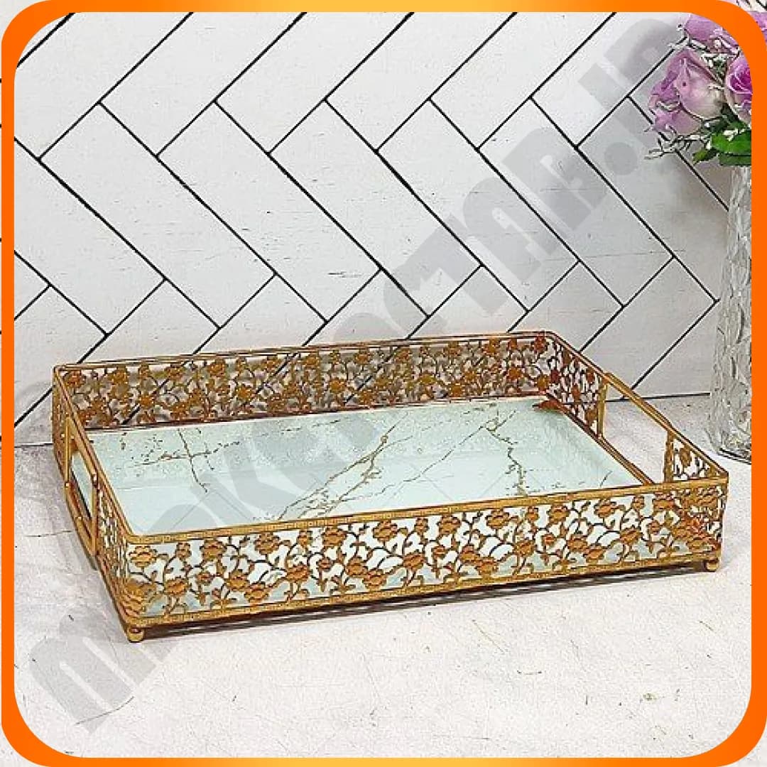 سینی مستطیل شیک پسند طلایی گلی ماربل خاتم — تصویر ۲