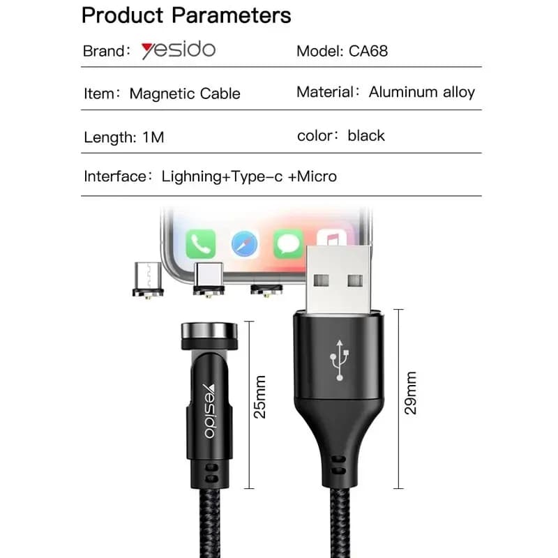 کابل تبدیل مغناطیسی USB به microUSB / USB-C / لایتنینگ یسیدو مدل CA68 طول 1 متر — تصویر ۴