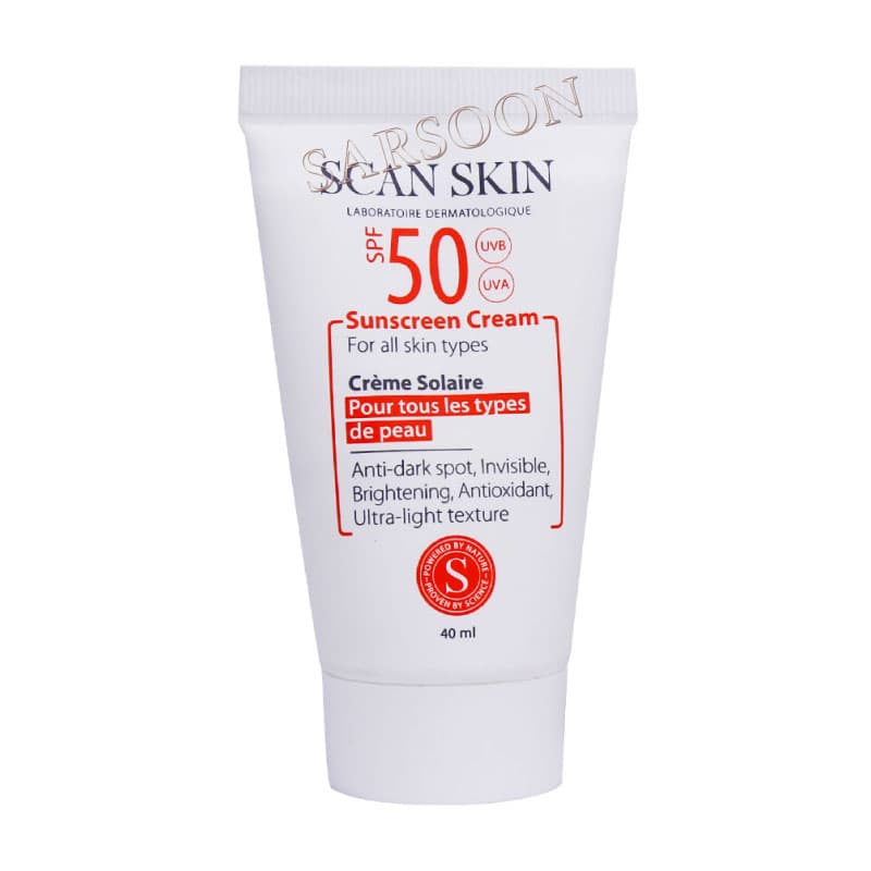 کرم ضد آفتاب ضد لک SPF50 اسکن اسکین 40 میلی لیتر Scan Skin sunscreen SPF50 cream for All skin — تصویر ۲