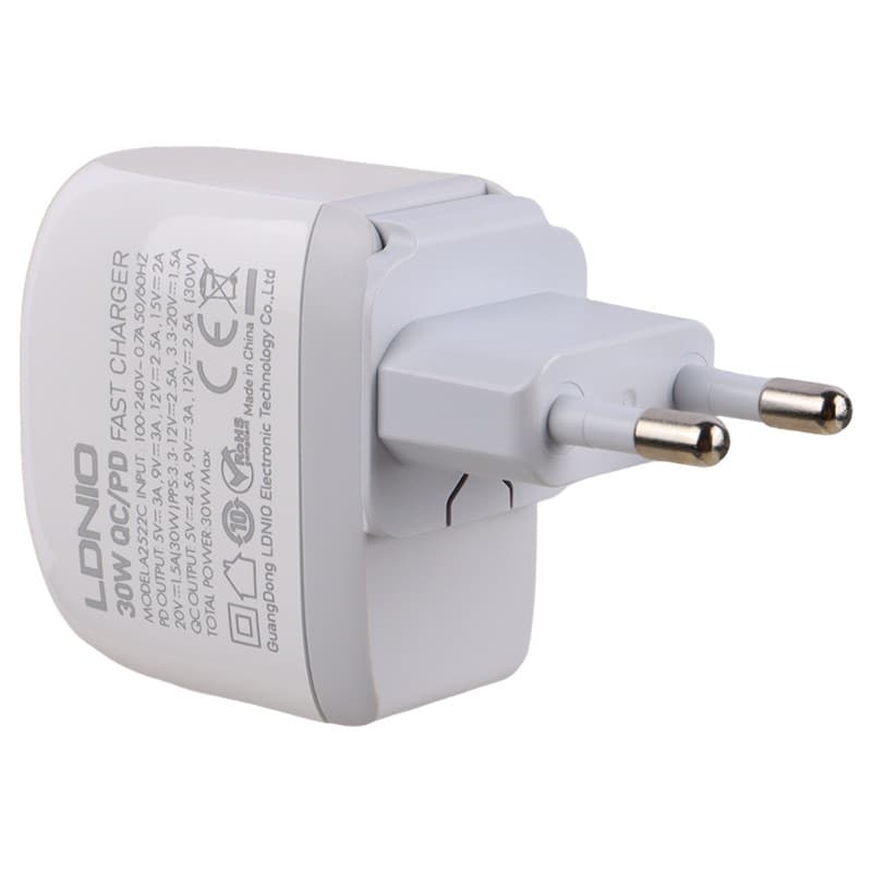 شارژر دیواری فست شارژ Ldnio A2522C 2Port 4.5A QC3.0 PD 30W + کابل تایپ سی — تصویر ۳